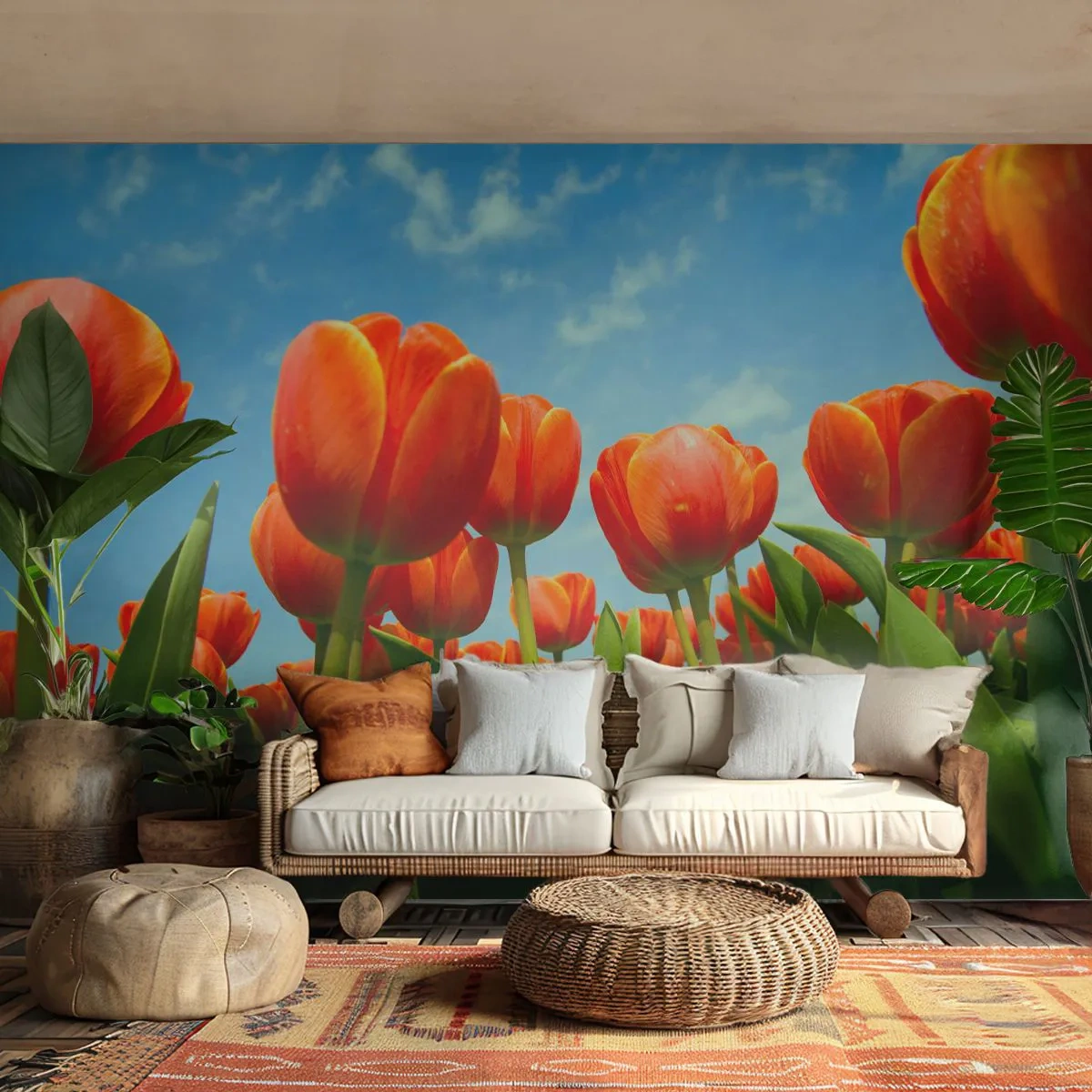Selbstklebende Fototapete Deluxe Sticker - Außer dem blauen Himmel brauchen sie nichts in ihrem Leben - Blumen, Tulpen, Natur - 350x256 cm