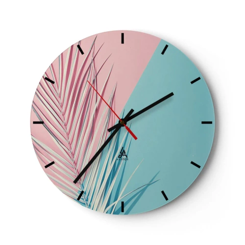 Wanduhr - Glasuhr - Palmblätter auf pastellrosa und blauem Hintergrund - 30x30cm - Tropischer Eindruck - Moderne Wanddekoration für Wohnzimmer, Küche und Schlafzimmer ARTTOR