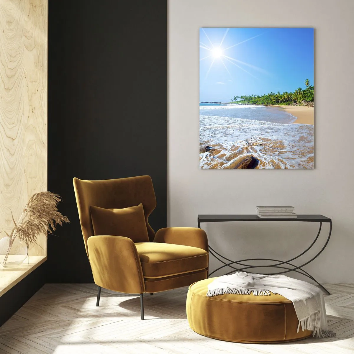 Glasbild - Bild auf glas - Tropischer Strand mit Palmen und Wellen unter blauem Himmel - 50x70cm - Ein exotischer Ort für dich - Moderne Wanddekoration für Wohnzimmer und Schlafzimmer ARTTOR