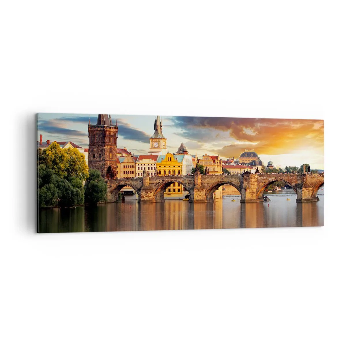 Bild auf Leinwand - Leinwandbild - Die historische Brücke über den Fluss im Licht der untergehenden Sonne - 140x50cm - Schön seit Ewigkeiten - Moderne Wanddekoration für Wohnzimmer und Schlafzimmer ARTTOR