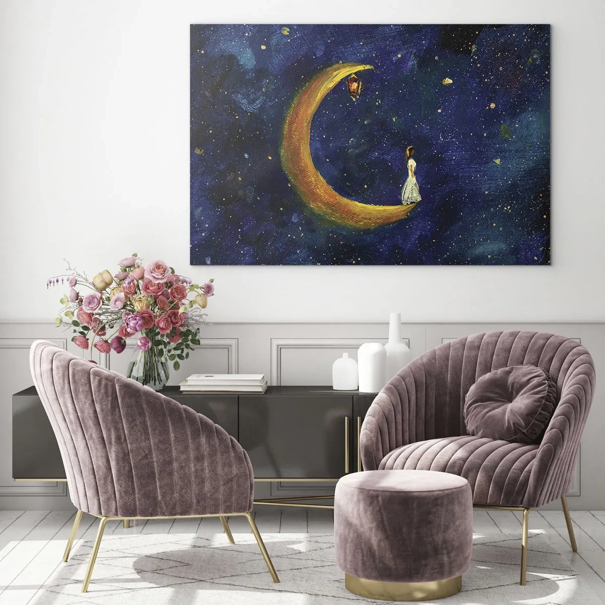 Glasbild - Bild auf glas - Eine Figur auf dem Mond am Nachthimmel - 70x50cm - Der Ruf der Welt - Moderne Wanddekoration für Wohnzimmer und Schlafzimmer ARTTOR