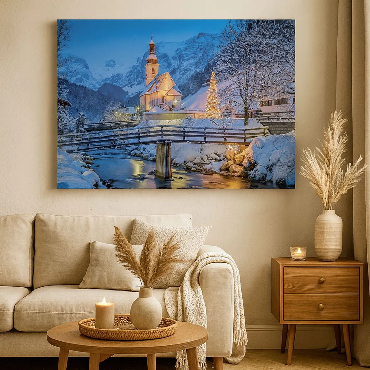 Bild auf Leinwand - Leinwandbild - Winterlandschaft mit Kirche, Brücke und Bergen in der Abenddämmerung - 70x50cm - Weihnachtsgeist - Moderne Wanddekoration für Wohnzimmer und Schlafzimmer ARTTOR