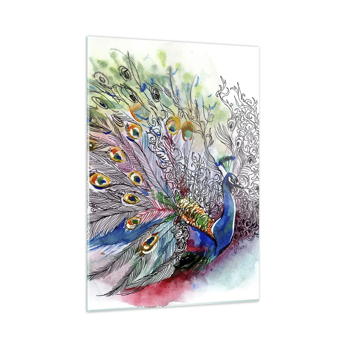 Glasbild - Bild auf glas - Bunter Pfau im künstlerischen Aquarellstil - 50x70cm - Mit Stolz gegen Grau - Moderne Wanddekoration für Wohnzimmer und Schlafzimmer ARTTOR