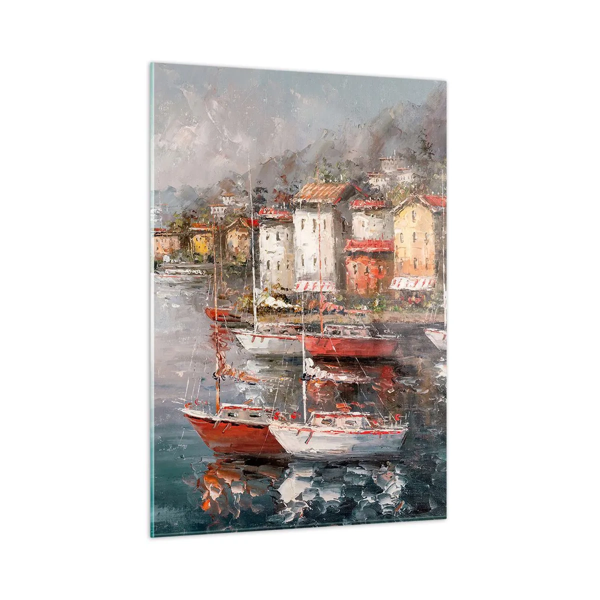 Glasbild - Bild auf glas - Ein malerischer Hafen mit Segelbooten und bunten Häusern - 50x70cm - Romantische Oase - Moderne Wanddekoration für Wohnzimmer und Schlafzimmer ARTTOR
