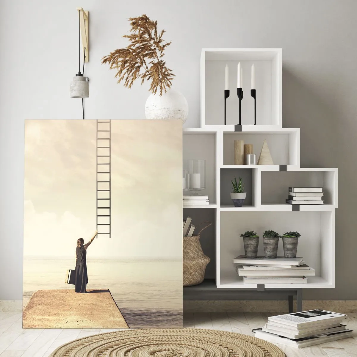 Glasbild - Bild auf glas - Eine Frau steht auf einem Pier mit einer Leiter, die in den Himmel führt - 80x120cm - Eine magische Reise - Moderne Wanddekoration für Wohnzimmer und Schlafzimmer ARTTOR
