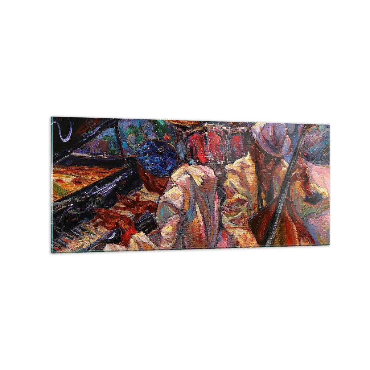 Glasbild - Bild auf glas - Energetische Jazzszene mit Musikern und Instrumenten - 120x50cm - In einem Schlag - Moderne Wanddekoration für Wohnzimmer und Schlafzimmer ARTTOR