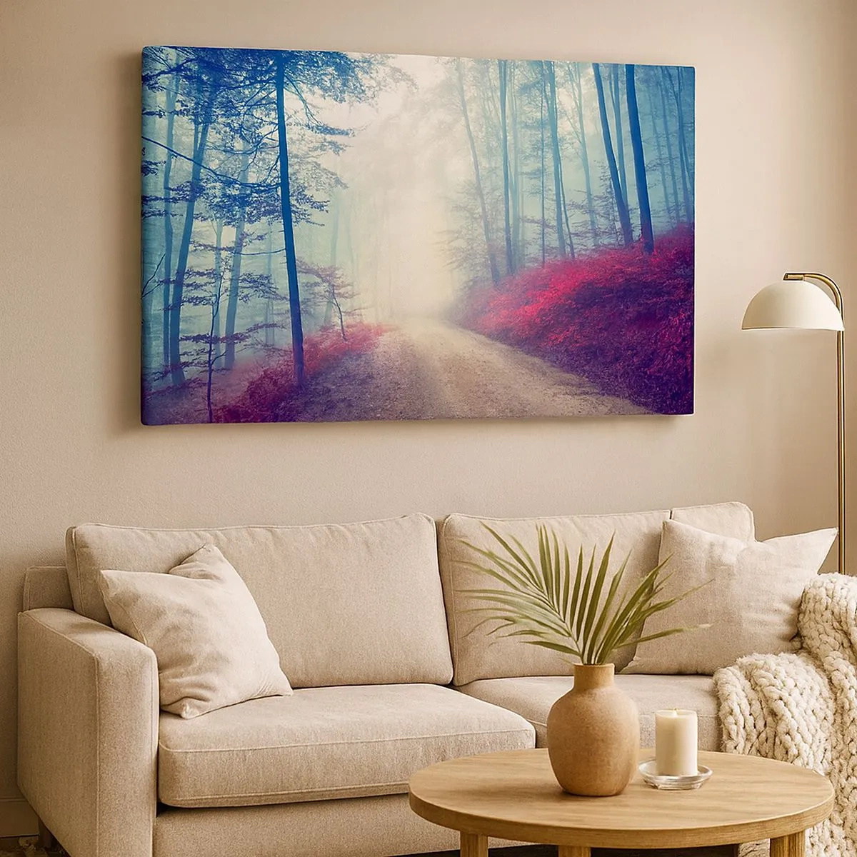 Bild auf Leinwand - Leinwandbild - Ein magischer Waldweg, umgeben von Bäumen und Nebel - 70x50cm - Wie gut ist es, im Morgengrauen aufzustehen - Moderne Wanddekoration für Wohnzimmer und Schlafzimmer ARTTOR