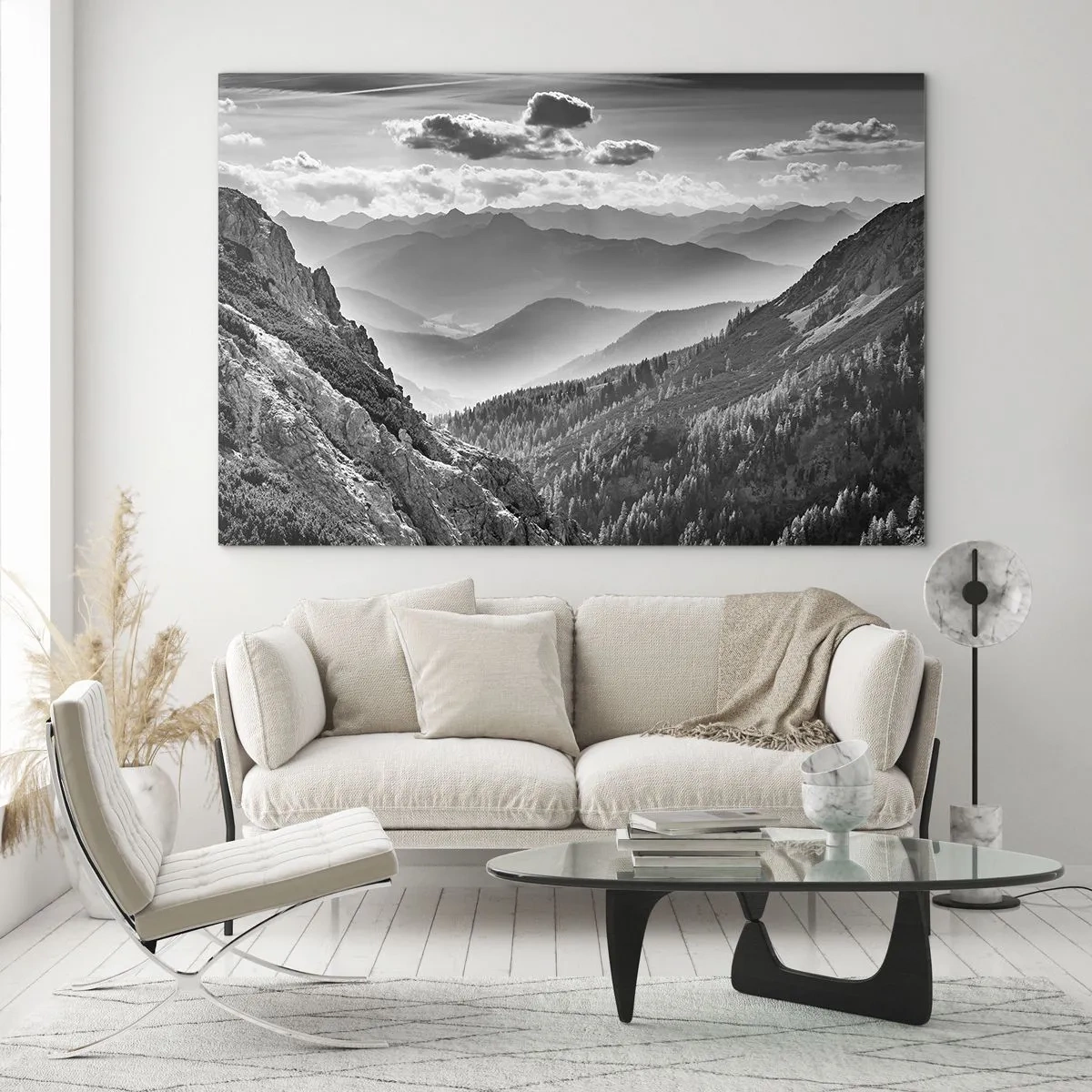 Glasbild - Bild auf glas - Schwarz-weißes Bergpanorama mit Blick ins Tal - 120x80cm - Bis zum Horizont - Moderne Wanddekoration für Wohnzimmer und Schlafzimmer ARTTOR