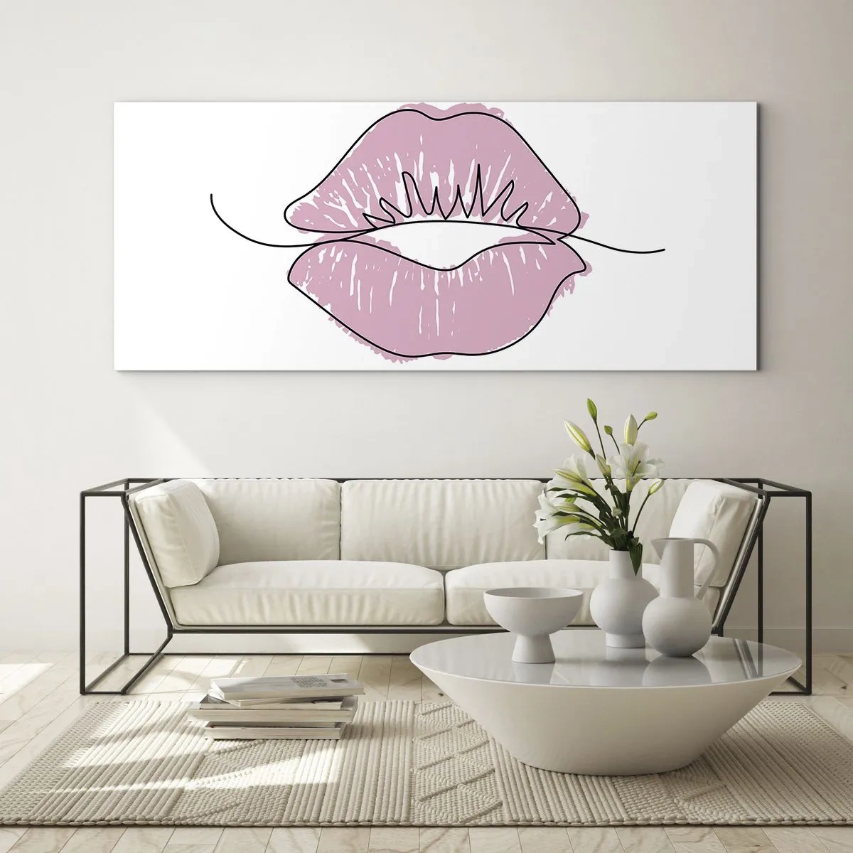 Glasbild - Bild auf glas - Minimalistische Lippenzeichnung in einem Rosaton - 140x50cm - Bereit zum Küssen? - Moderne Wanddekoration für Wohnzimmer und Schlafzimmer ARTTOR