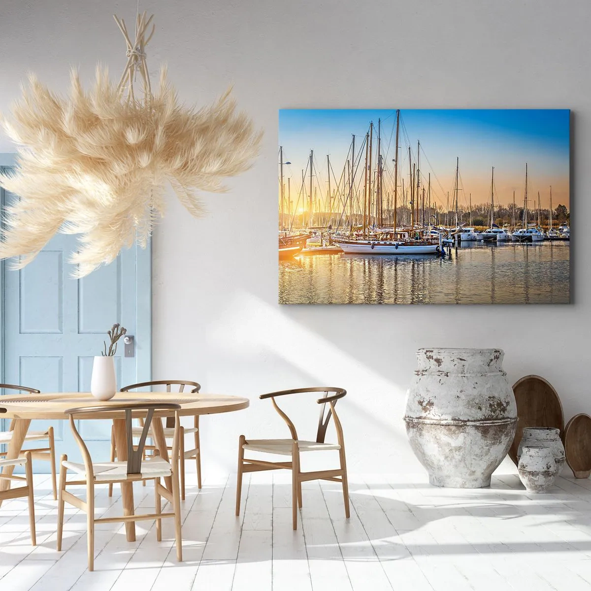Bild auf Leinwand - Leinwandbild - Sonnenuntergang über einem Yachthafen voller Segelboote - 120x80cm - Der Wind muss auch schlafen - Moderne Wanddekoration für Wohnzimmer und Schlafzimmer ARTTOR