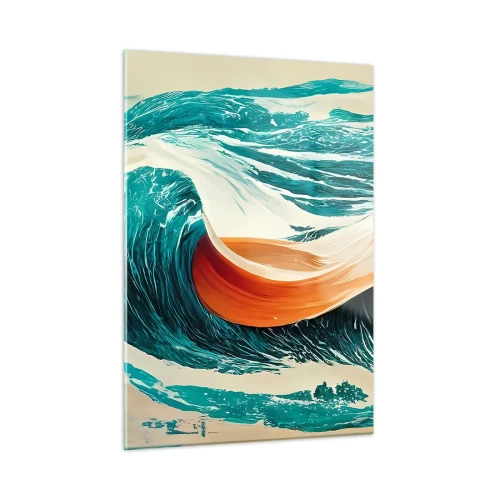 Glasbild - Bild auf glas - Türkisfarbene Wellen mit orangefarbenem Band im surrealen Stil - 50x70cm - Traum eines Surfers - Moderne Wanddekoration für Wohnzimmer und Schlafzimmer ARTTOR