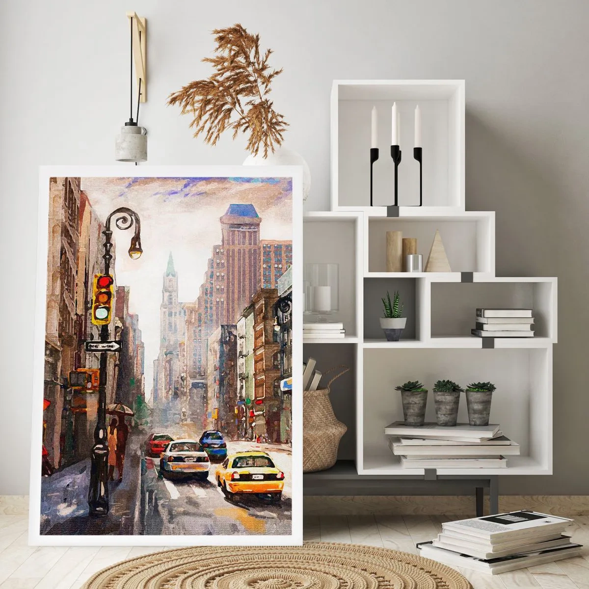 Poster - Stadtstraße mit Autos und Ampeln - 50x70cm - New York - auch im Regen bunt - Moderne Wanddekoration für Wohnzimmer und Schlafzimmer ARTTOR