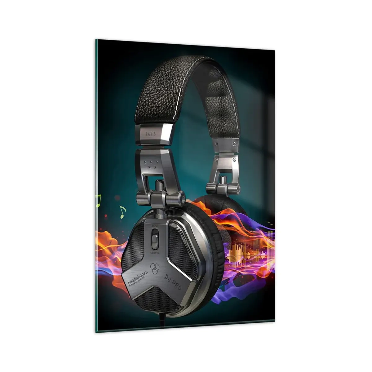 Glasbild - Bild auf glas - Schwarze Kopfhörer mit farbenfrohem Musikvisualisierungseffekt - 80x120cm - Feuer der Musik - Moderne Wanddekoration für Wohnzimmer und Schlafzimmer ARTTOR