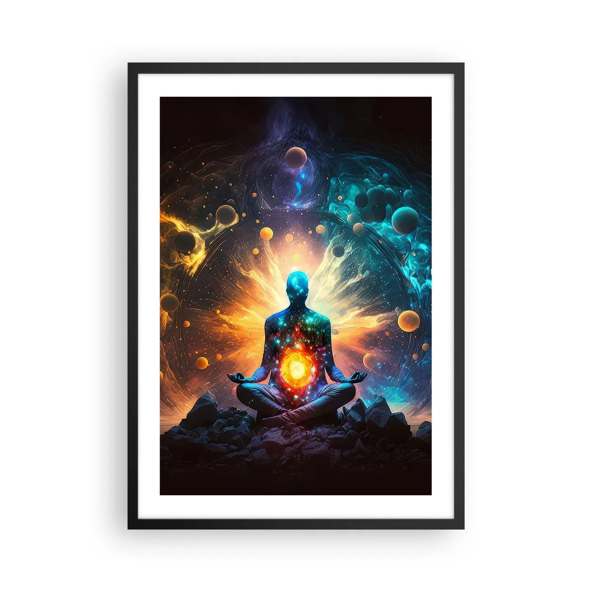 Poster in einem schwarzem Rahmen - Eine meditierende Figur in einer kosmischen Aura voller Energie - 50x70cm - Kosmischer Frieden - Moderne Wanddekoration für Wohnzimmer und Schlafzimmer ARTTOR
