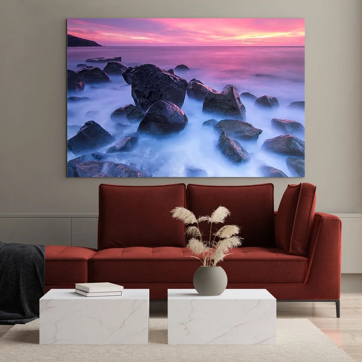 Glasbild - Bild auf glas - Wellen brechen bei Sonnenuntergang auf den Felsen - 100x70cm - Geburt bei Licht und Nebel - Moderne Wanddekoration für Wohnzimmer und Schlafzimmer ARTTOR