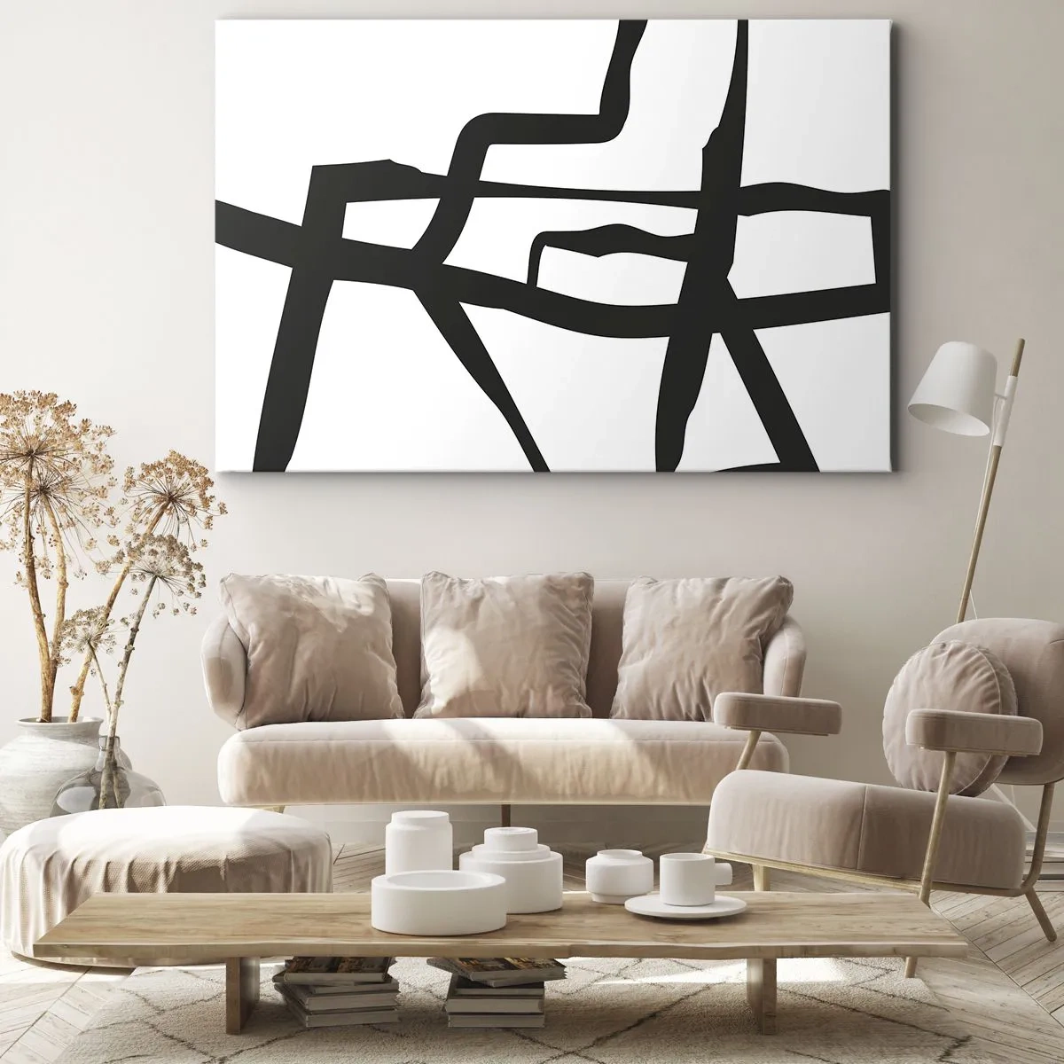 Bild auf Leinwand - Leinwandbild - Minimalistisches Schwarz-Weiß-Muster mit geometrischen Linien - 100x70cm - Schwarz-Weiß-Design - Moderne Wanddekoration für Wohnzimmer und Schlafzimmer ARTTOR