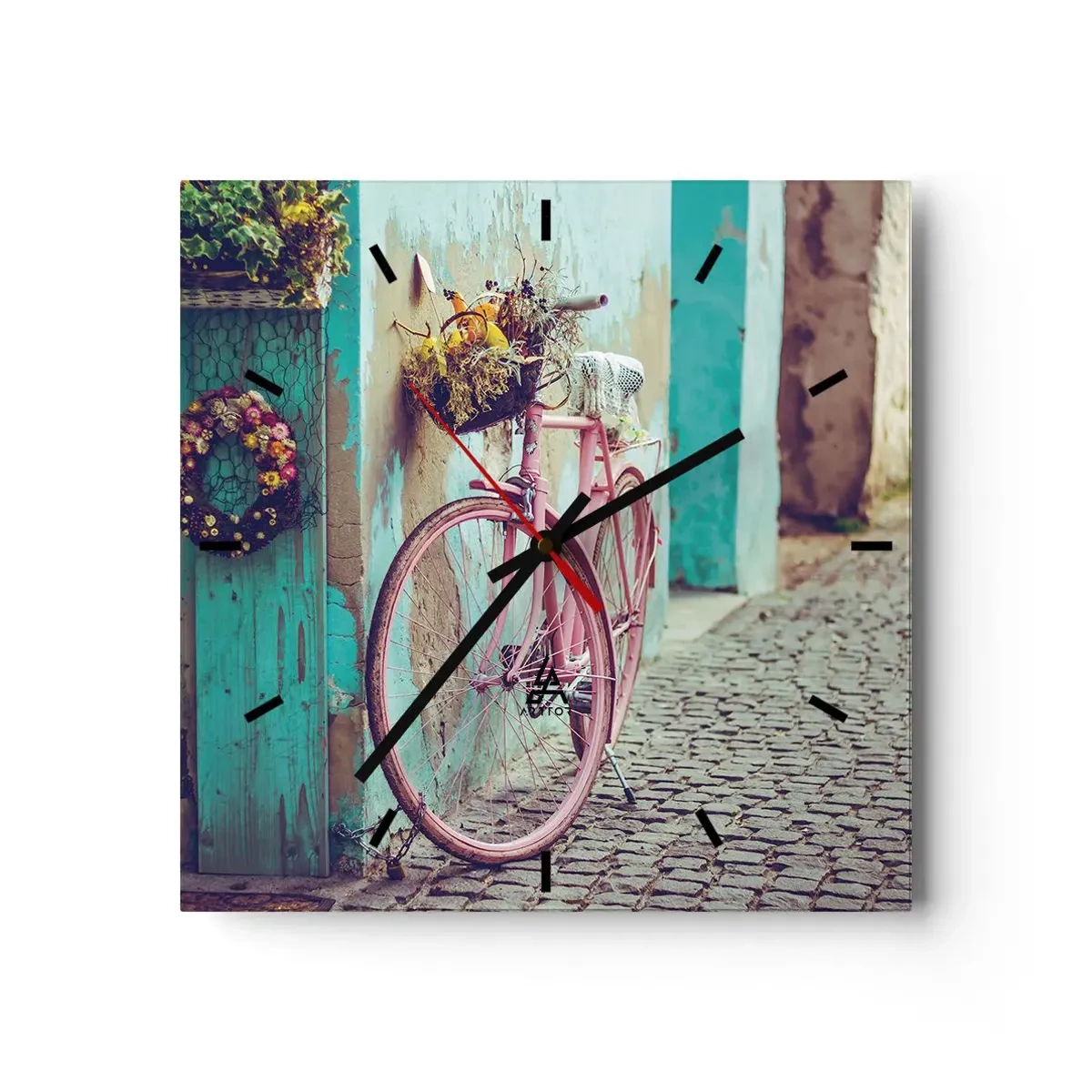 Wanduhr - Glasuhr - Ein rosa Fahrrad neben einer türkisfarbenen Tür - 30x30cm - Ich komme gleich wieder - Moderne Wanddekoration für Wohnzimmer und Schlafzimmer ARTTOR