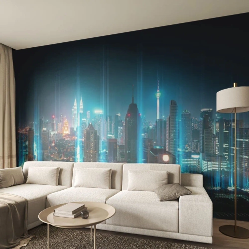 Fototapete Standard Eco - Futuristische Stadt bei Nacht mit Neonlichtern an den Gebäuden. - 100x70cm - Auf Berliner Art gegen den Himmel - Moderne Wanddekoration für Wohnzimmer und Schlafzimmer ARTTOR