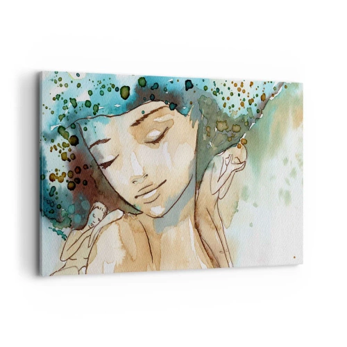 Bild auf Leinwand - Leinwandbild - Porträt einer Frau in zarten Aquarellfarben - 120x80cm - Dame in Blau - Moderne Wanddekoration für Wohnzimmer und Schlafzimmer ARTTOR