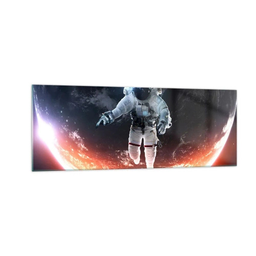 Glasbild - Bild auf glas - Ein Astronaut schwebt über einer sonnenbeschienenen Erde - 140x50cm - Kann ich noch eine Weile bleiben? - Moderne Wanddekoration für Wohnzimmer und Schlafzimmer ARTTOR