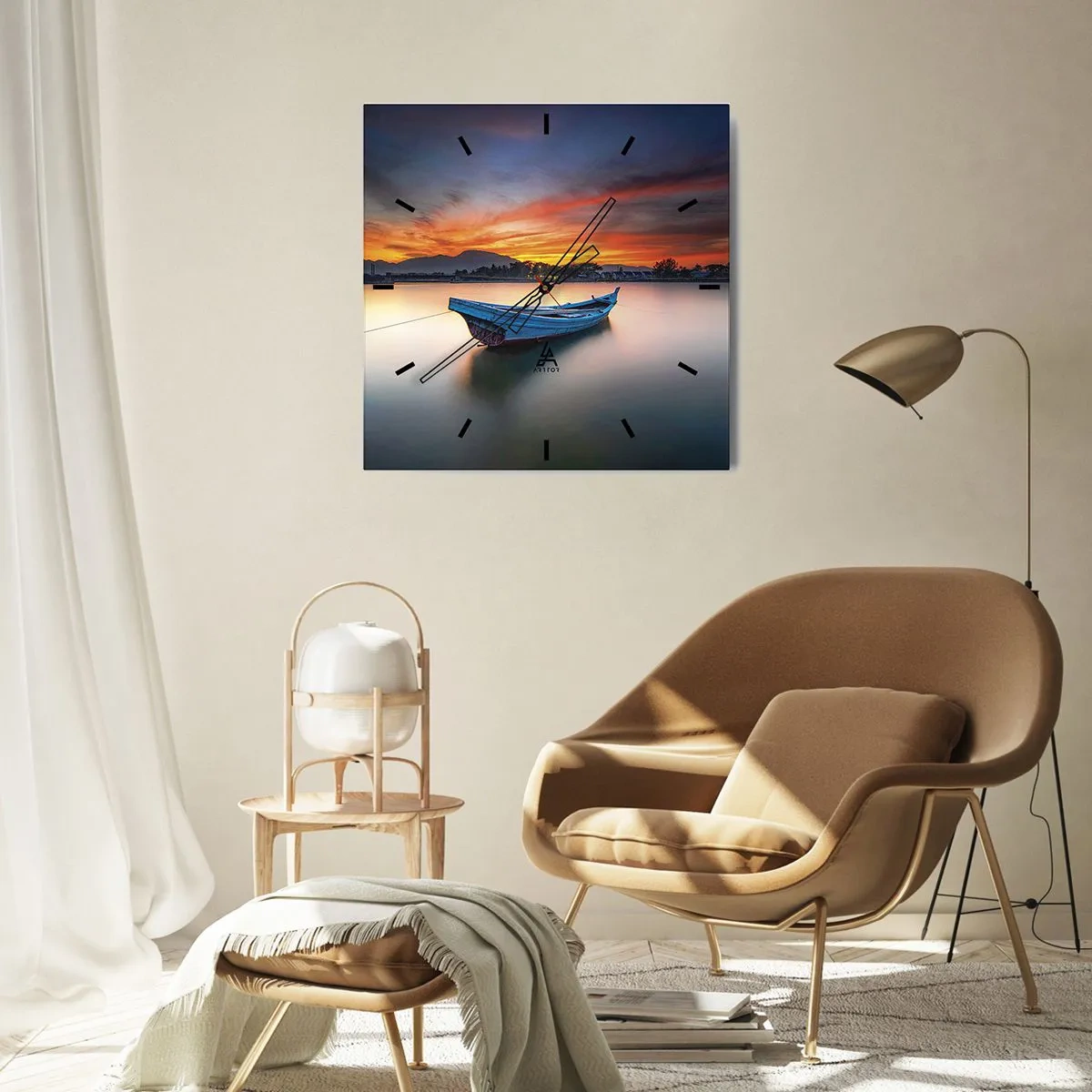 Wanduhr - Glasuhr - Ein Boot auf dem Wasser während eines malerischen Sonnenuntergangs - 30x30cm - Eine gute Nacht kommt - Moderne Wanddekoration für Wohnzimmer und Schlafzimmer ARTTOR