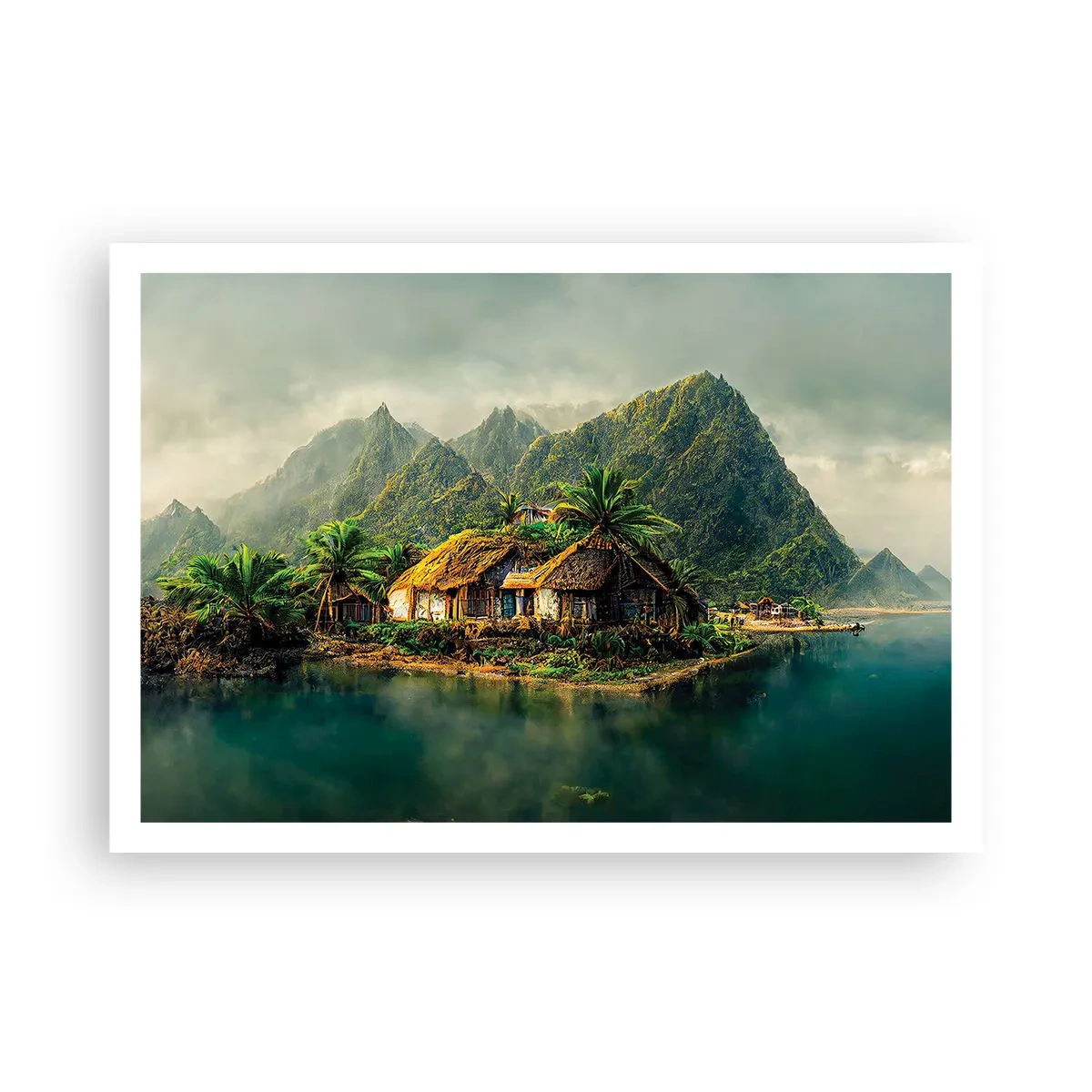 Poster - Eine tropische Insel mit Palmen und Bergen im Hintergrund - 100x70cm - Tropisches Paradies - Moderne Wanddekoration für Wohnzimmer und Schlafzimmer ARTTOR