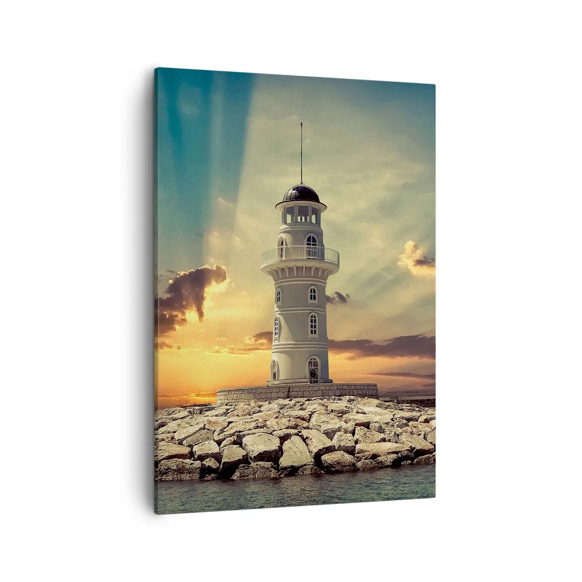 Bild auf Leinwand - Leinwandbild - Ein Leuchtturm bei Sonnenuntergang gegen den Himmel - 50x70cm - Licht - Gut - Schönheit - Moderne Wanddekoration für Wohnzimmer und Schlafzimmer ARTTOR