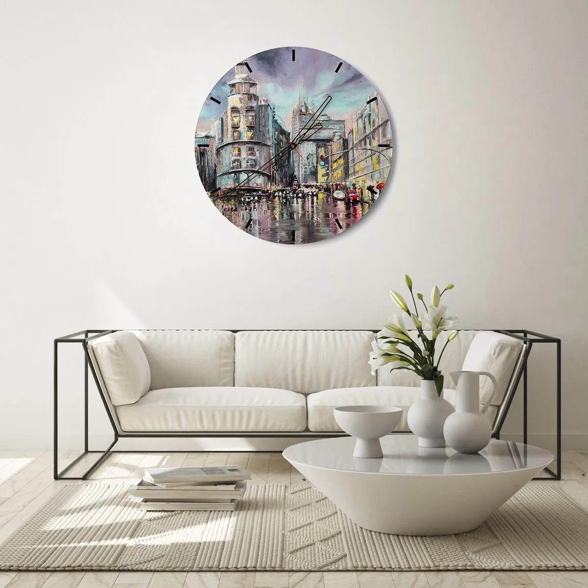 Wanduhr - Glasuhr - Stadtstraße bei Nacht im Regen mit Lichtreflexionen - 30x30cm - Es wird ein gelungener Abend - Moderne Wanddekoration für Wohnzimmer, Küche und Schlafzimmer ARTTOR