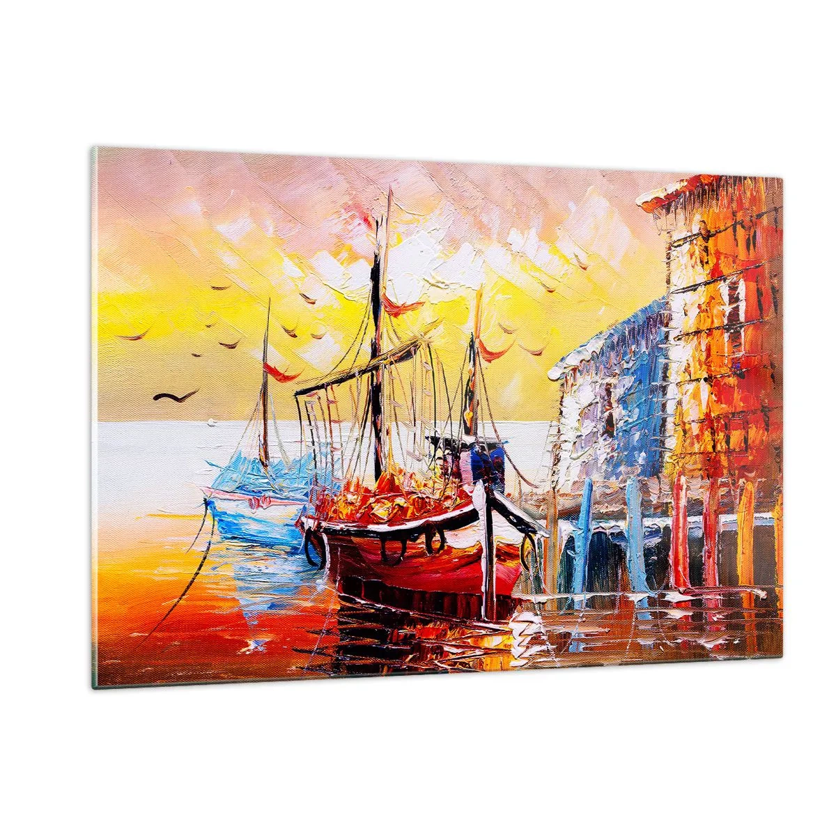 Glasbild - Bild auf glas - Bunte Segelboote bei Sonnenuntergang - 120x80cm - Glückliche Rückkehr - Moderne Wanddekoration für Wohnzimmer und Schlafzimmer ARTTOR