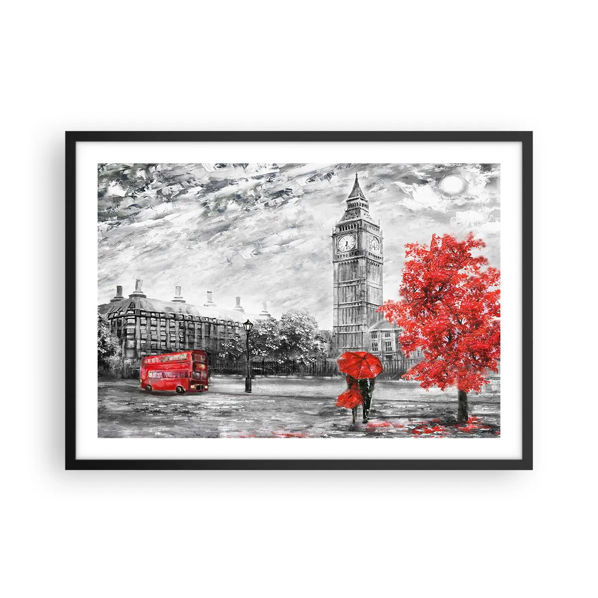 Poster in einem schwarzem Rahmen - Ikonische Ansicht von London mit Big Ben, einem roten Bus und einem Regenschirm - 70x50cm - Ein aufregender Tag - Moderne Wanddekoration für Wohnzimmer und Schlafzimmer ARTTOR
