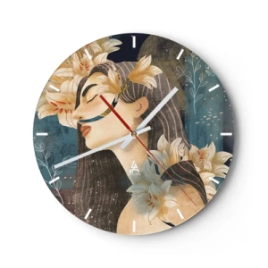 Wanduhr - Glasuhr - Porträt einer Frau mit geschlossenen Augen, umgeben von Lilien - 30x30cm - Ein Märchen über eine Prinzessin mit Lilien - Moderne Wanddekoration für Wohnzimmer, Küche und Schlafzimmer ARTTOR