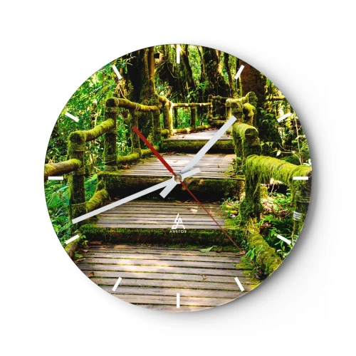 Wanduhr - Glasuhr - Ein Holzweg in einem mit Moos bedeckten tropischen Wald - 30x30cm - Ein Korridor voller Grün - Moderne Wanddekoration für Wohnzimmer, Küche und Schlafzimmer ARTTOR