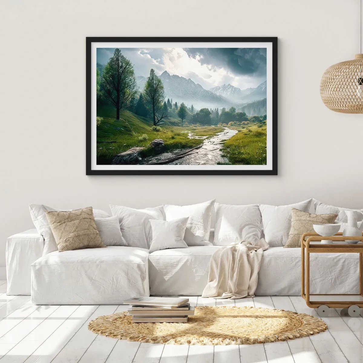 Poster in einem schwarzem Rahmen - Eine Berglandschaft mit einem Fluss und Bäumen, umgeben von nebligen Bergen - 70x50cm - Hin und zurück - Moderne Wanddekoration für Wohnzimmer und Schlafzimmer ARTTOR