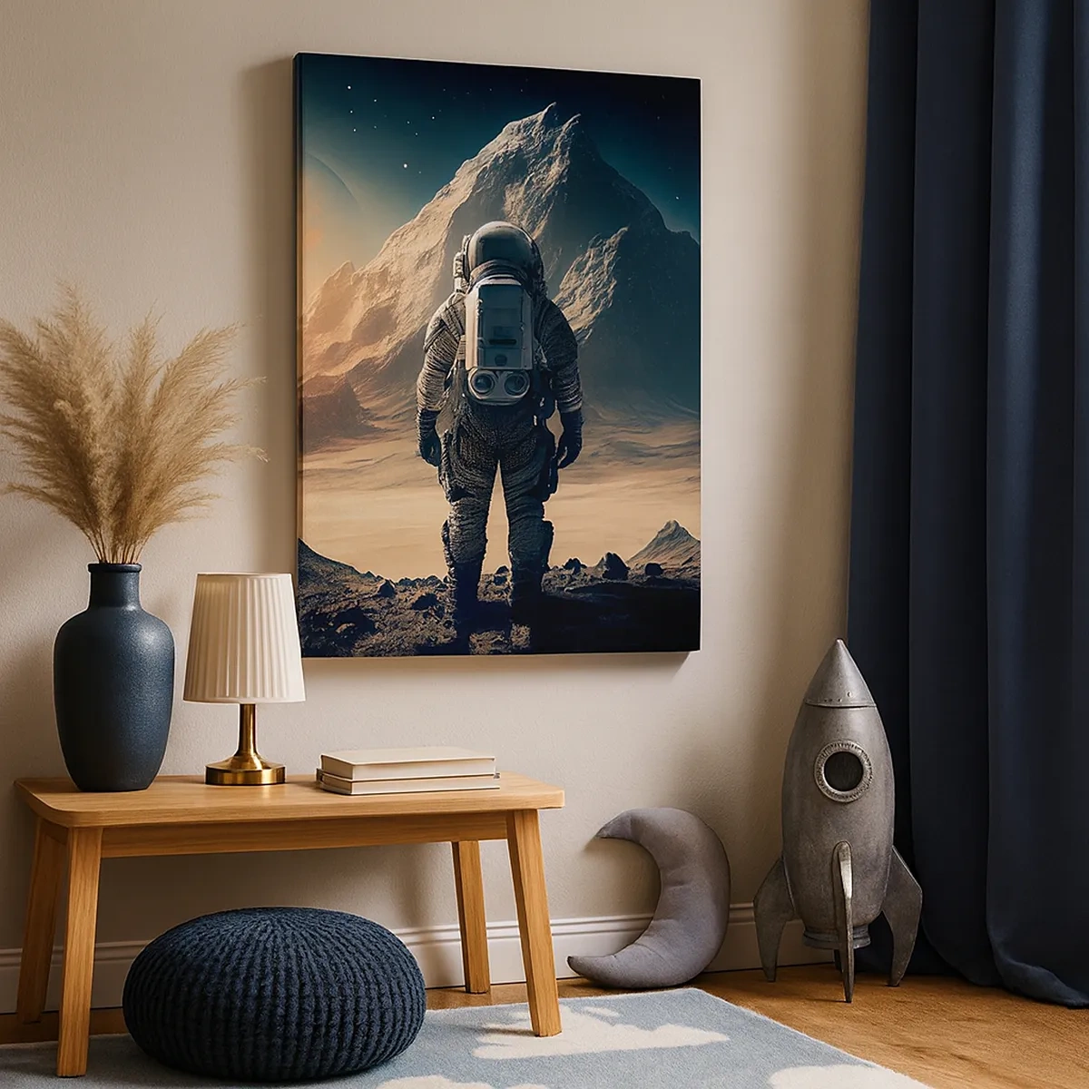 Bild auf Leinwand - Leinwandbild - Astronaut vor der Kulisse majestätischer Berge - 50x70cm - Neue Herausforderung - Moderne Wanddekoration für Wohnzimmer und Schlafzimmer ARTTOR
