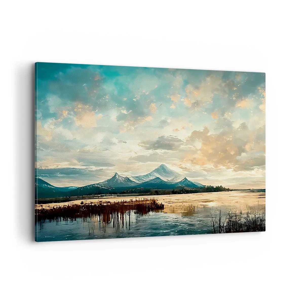 Bild auf Leinwand - Leinwandbild - Eine malerische Landschaft mit einem Berg und einem ruhigen See - 120x80cm - Unter dem Schutz des Himmels - Moderne Wanddekoration für Wohnzimmer und Schlafzimmer ARTTOR