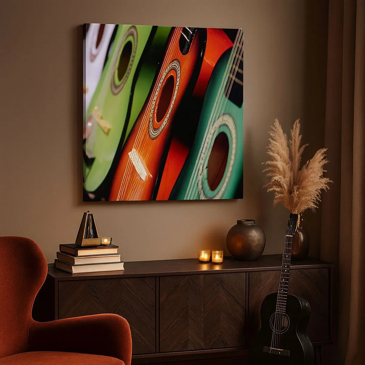 Bild auf Leinwand - Leinwandbild - Die Gitarre hat viele Farben - 30x30 cm