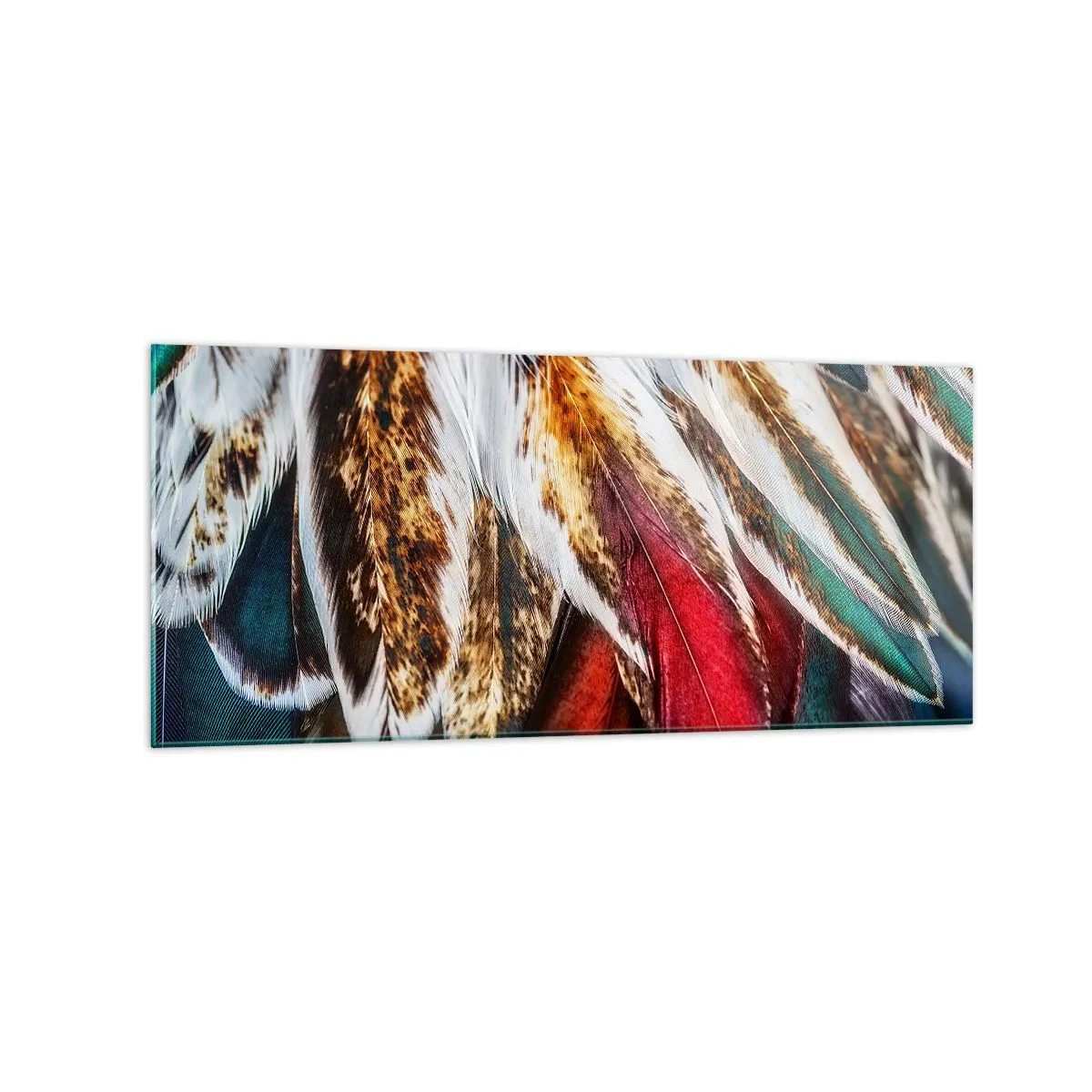 Glasbild - Bild auf glas - Nahaufnahme von mehrfarbigen Federn in leuchtenden, intensiven Farben - 120x50cm - Geheimnisse des Fliegens - Moderne Wanddekoration für Wohnzimmer und Schlafzimmer ARTTOR