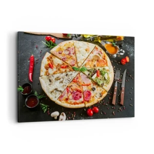 Bild auf Leinwand - Leinwandbild - Pizza in verschiedenen Geschmacksrichtungen mit verschiedenen Belägen - 120x80cm - Eine Reihe von Geschmacksrichtungen - Moderne Wanddekoration für Wohnzimmer und Schlafzimmer ARTTOR