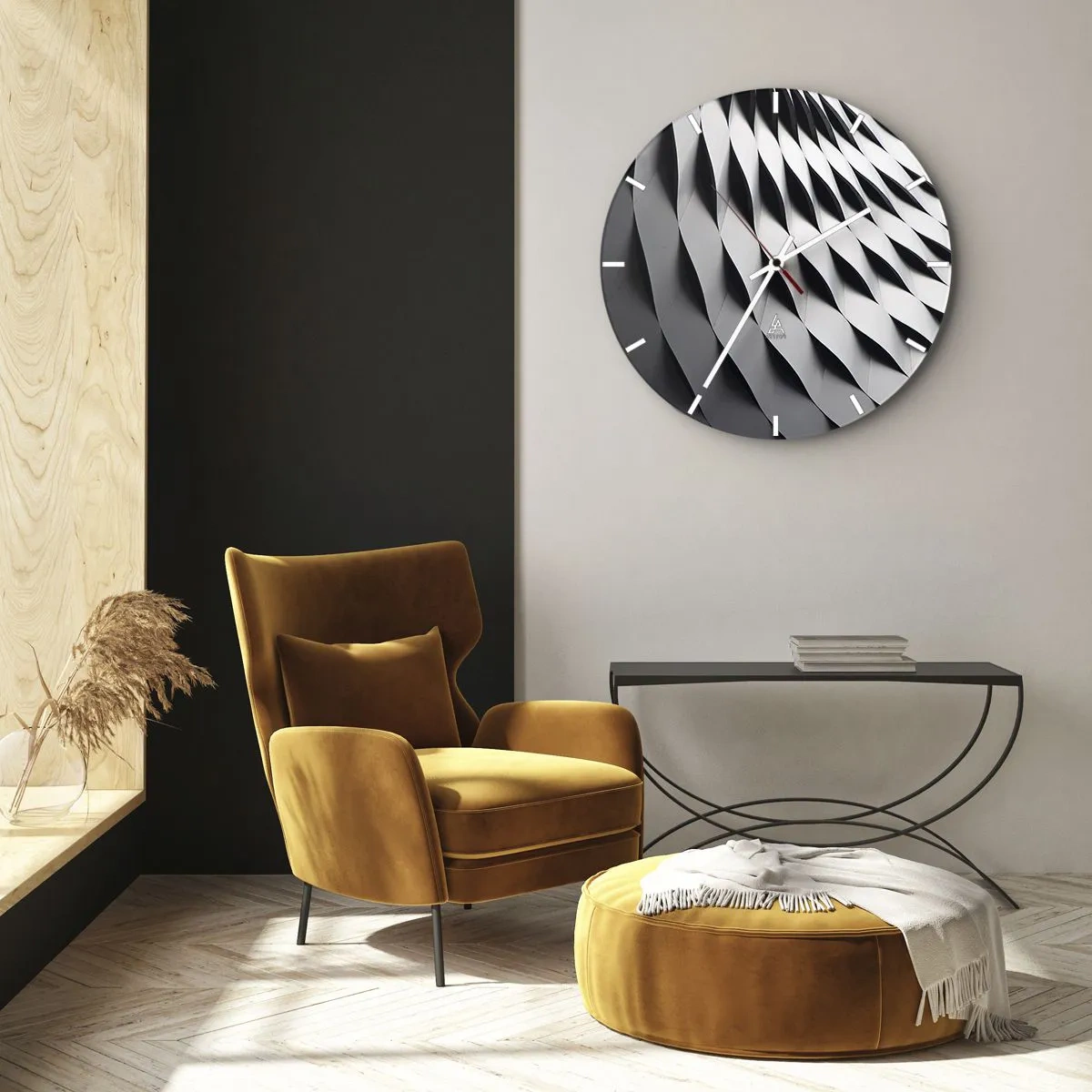 Wanduhr - Glasuhr - Schwarz-weißes wellenförmiges architektonisches Strukturmuster - 30x30cm - Auf der Oberfläche der Wellen - Moderne Wanddekoration für Wohnzimmer, Küche und Schlafzimmer ARTTOR