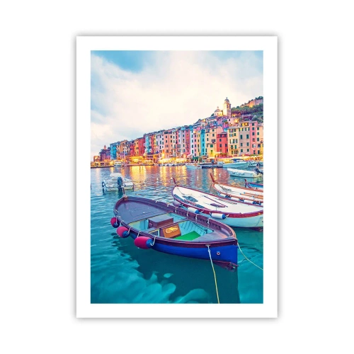 Poster - Bunte Häuser und Boote in einer Küstenlandschaft - 50x70cm - Bunter Abend im Hafen - Moderne Wanddekoration für Wohnzimmer und Schlafzimmer ARTTOR