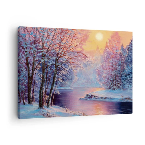 Bild auf Leinwand - Leinwandbild - Winterlandschaft mit Fluss und Bäumen bei Sonnenaufgang - 70x50cm - Die Farben des Winters - Moderne Wanddekoration für Wohnzimmer und Schlafzimmer ARTTOR