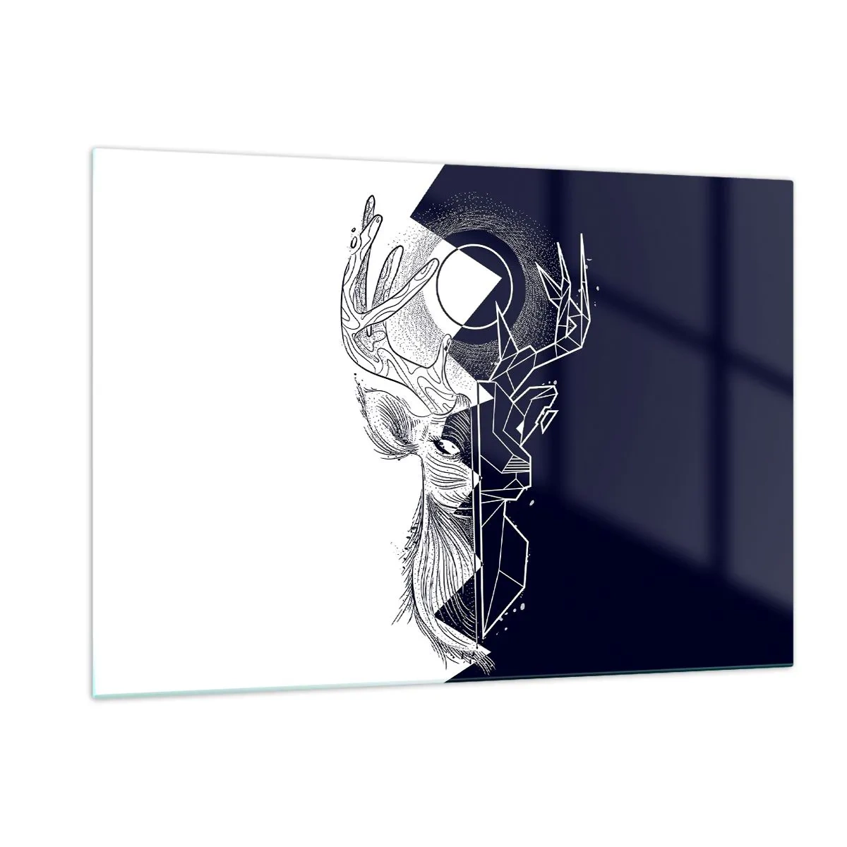 Glasbild - Bild auf glas - Geometrische Zeichnung eines Hirsches auf schwarz-weißem Hintergrund - 120x80cm - Der Kampf und die Einheit der Gegensätze - Moderne Wanddekoration für Wohnzimmer und Schlafzimmer ARTTOR