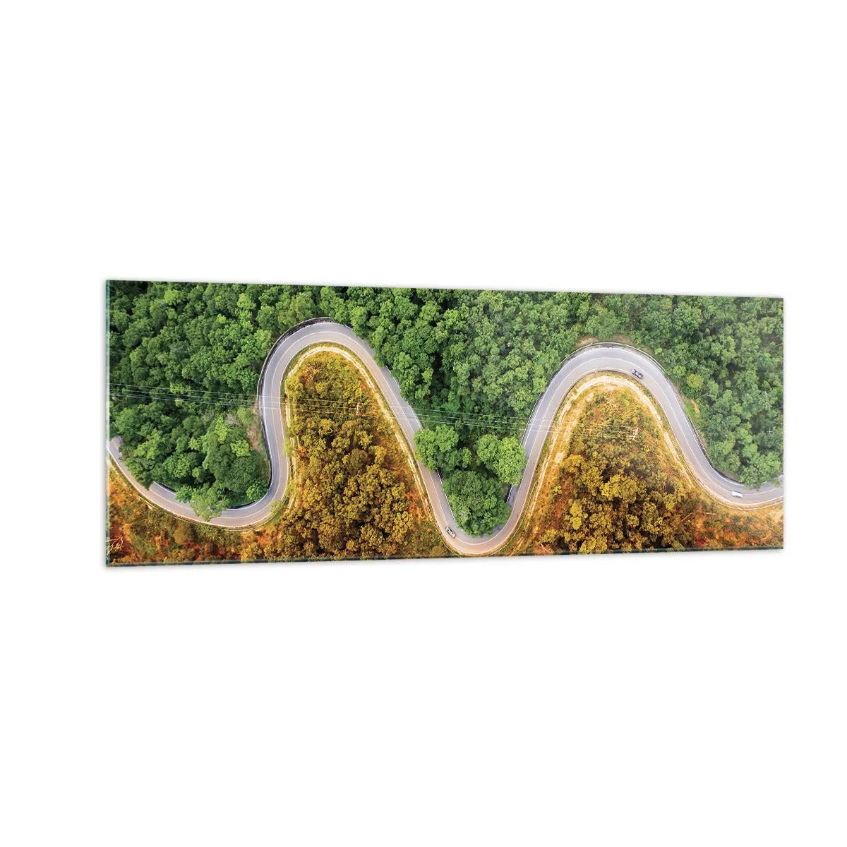 Glasbild - Bild auf glas - Eine kurvenreiche Straße durch den Wald aus der Vogelperspektive gesehen - 140x50cm - Grenzen und Durchbrüche - Moderne Wanddekoration für Wohnzimmer und Schlafzimmer ARTTOR