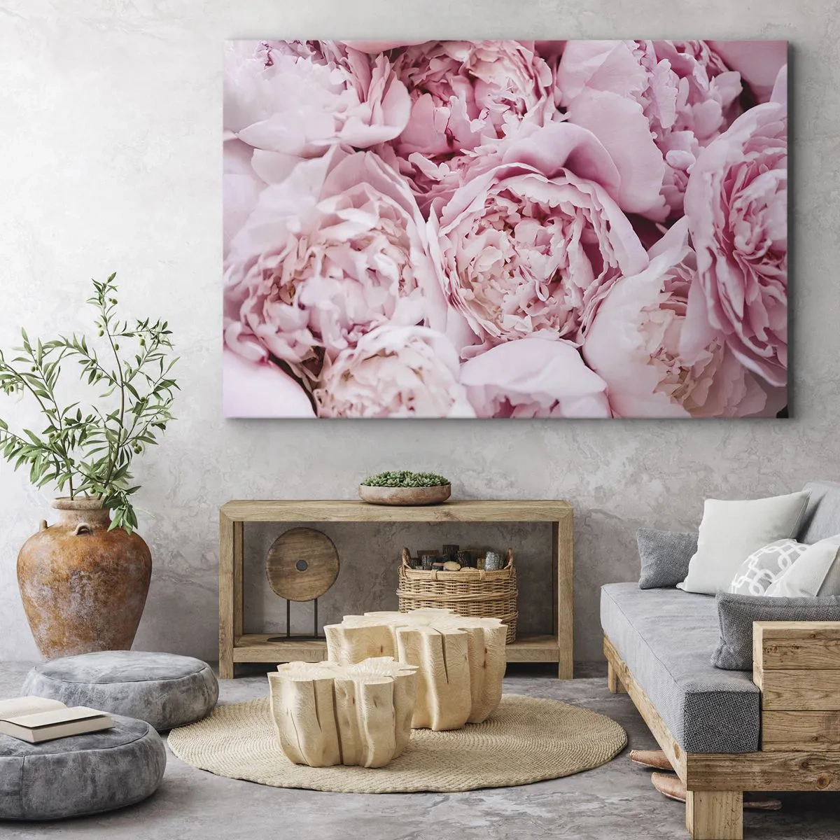 Bild auf Leinwand - Leinwandbild - Eine Nahaufnahme eines Straußes rosa Pfingstrosen - 100x70cm - Anschmiegsam und duftend - Moderne Wanddekoration für Wohnzimmer und Schlafzimmer ARTTOR