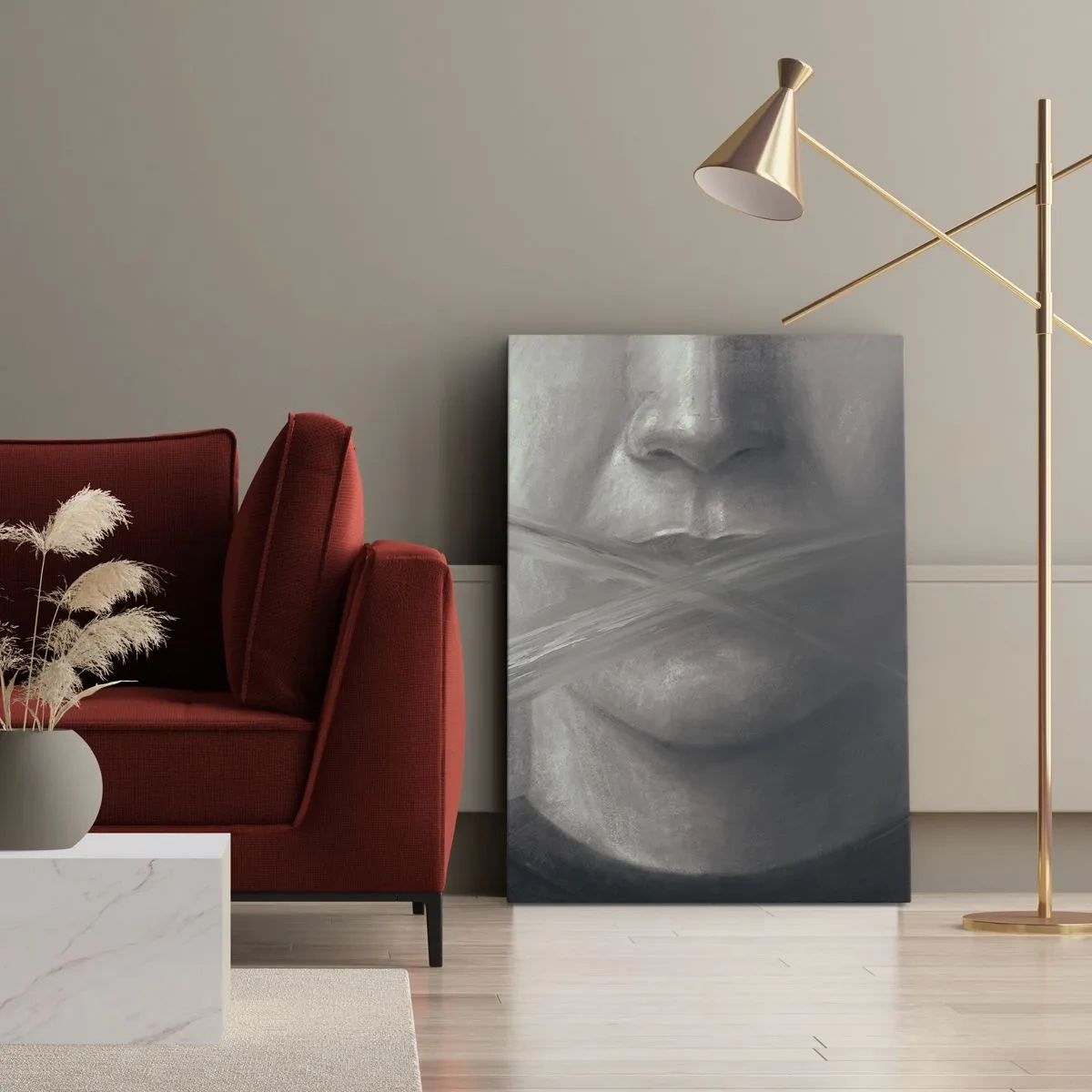 Bild auf Leinwand - Leinwandbild - Ein symbolisches Porträt mit verschwommenen Lippen in Grautönen. - 70x100cm - Ohne ein Wort - Moderne Wanddekoration für Wohnzimmer und Schlafzimmer ARTTOR