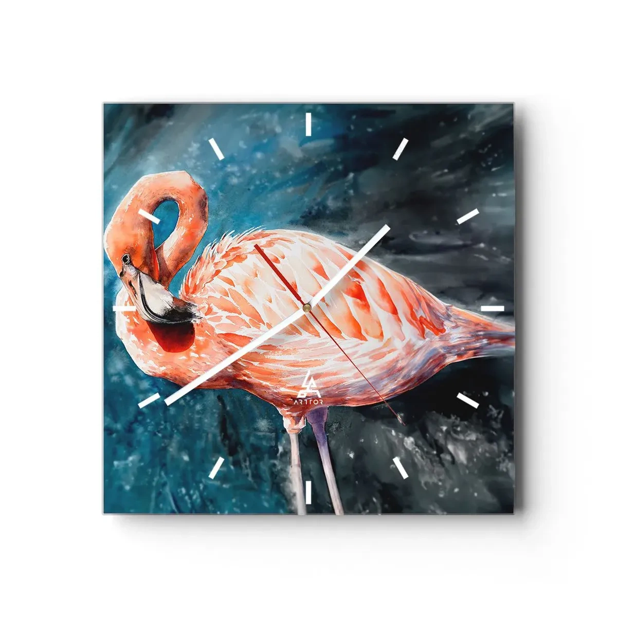 Wanduhr - Glasuhr - Ein rosa Flamingo auf einem aquarellblauen Hintergrund - 30x30cm - Von Natur aus dekorativ - Moderne Wanddekoration für Wohnzimmer und Schlafzimmer ARTTOR