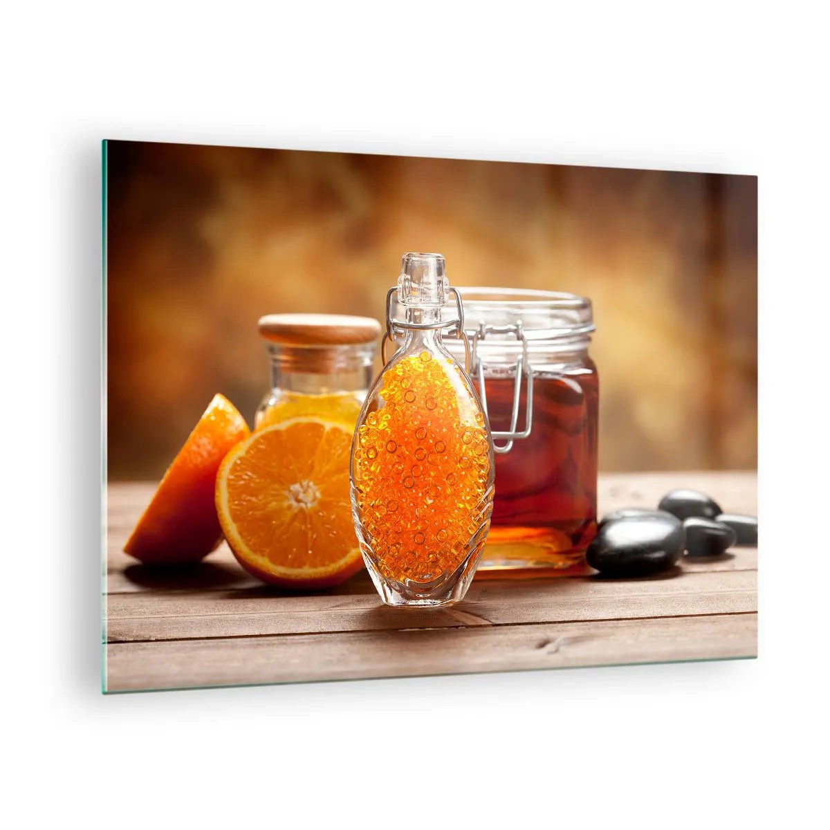 Glasbild - Bild auf glas - Eine Flasche Öl und eine Orange auf einem Holztisch - 70x50cm - Sonnige Aromen und Düfte - Moderne Wanddekoration für Wohnzimmer und Schlafzimmer ARTTOR
