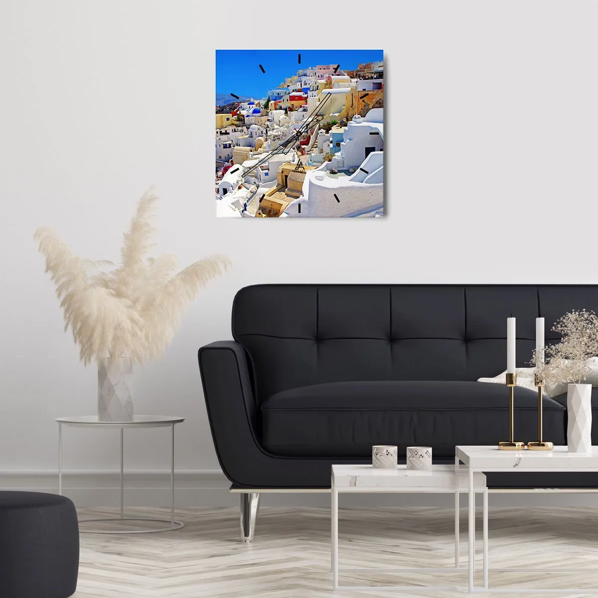 Wanduhr - Glasuhr - Panorama von Santorini mit weißen Häusern und blauem Himmel - 30x30cm - Der Traum vom griechischen Sommer - Moderne Wanddekoration für Wohnzimmer und Schlafzimmer ARTTOR