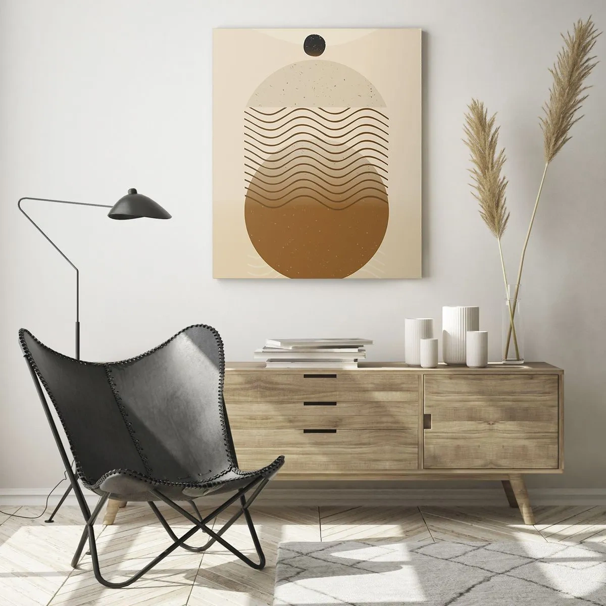 Glasbild - Bild auf glas - Geometrische Abstraktion mit Kreisen und Wellenlinien in warmen Farben. - 70x100cm - Zur Entstehung geometrischer Figuren - Moderne Wanddekoration für Wohnzimmer und Schlafzimmer ARTTOR