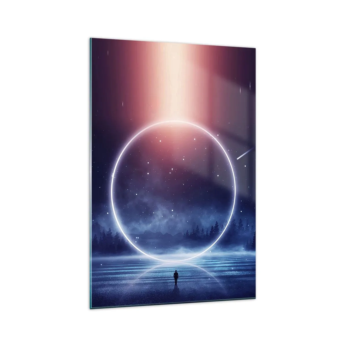 Glasbild - Bild auf glas - Eine magische Landschaft mit einer Figur und einem Lichtkreis bei Nacht - 70x100cm - Sie sind schon da ... - Moderne Wanddekoration für Wohnzimmer und Schlafzimmer ARTTOR